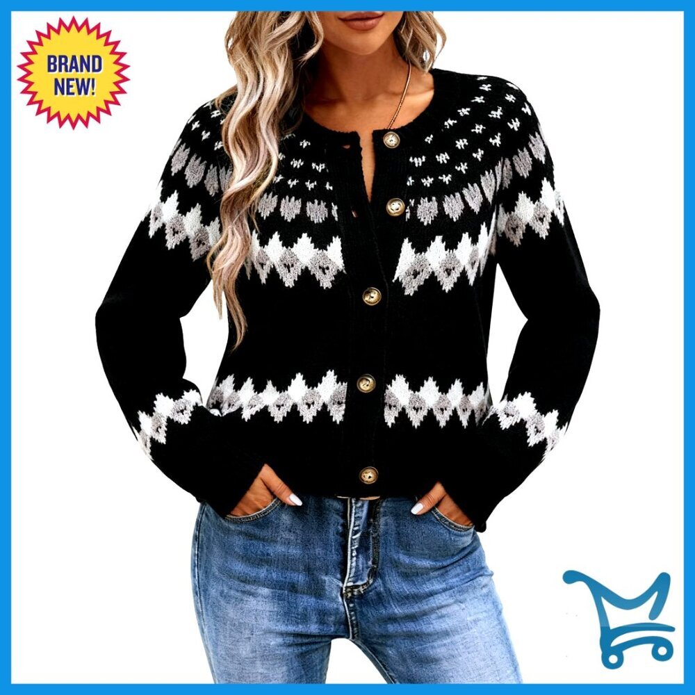 Fair Isle Chunky Knit Cardigan Crewneck Long Sleeve Fall Winter Sweater